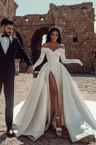 Bmbridal Long Sleeves Wedding Dress Off-the-Shoulder With Slit