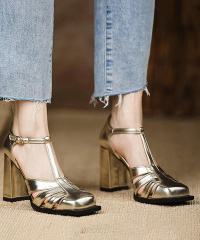 Style Gold Sandals Chunky Heel Hollow Out