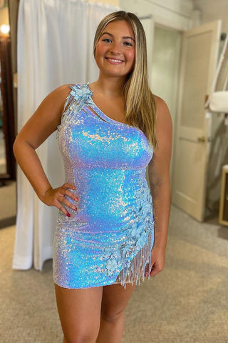 Sparkly Sheath One Shoulder Light Blue Sequins Short Homecoming Dress with Appliques