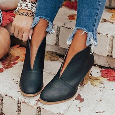 Retro Western V Cut Ankle Boots Slip On Chunky Stacked Heel Booties