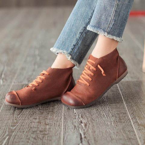 Round Toe Leather Casual Women Shoes