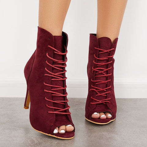Peep Toe Stiletto High Heel Ankle Boots Lace Up Booties