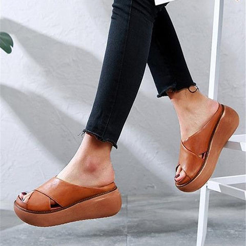 Red Platform Criss Cross Slides Slip on Slide Sandals