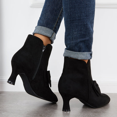 Bowknot Kittten Heel Ankle Boots Side Zipper Dress Short Booties