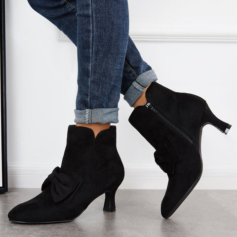 Bowknot Kittten Heel Ankle Boots Side Zipper Dress Short Booties