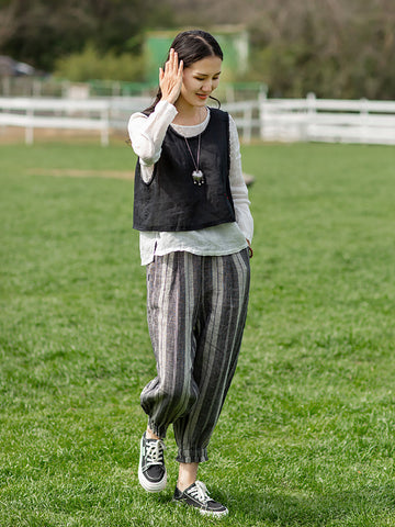 Plus Size Women Retro Stripe Yarn-dyed Pocket Loose Linen Harem Pants