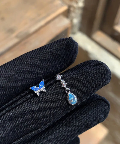 Chic Blue Stainless Steel Butterfly Water Droplet Zircon Asymmetrical Drop Earrings