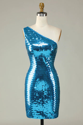 Sheath One Shoulder Royal Blue Sequins Short Homecoming Dress
