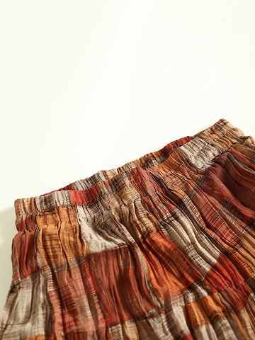 Women Bohemian Pleat Spliced Colorblock Layered Skirt