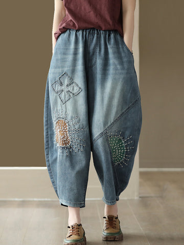 Women Summer Retro Patch Stitching Pocket Denim Pants
