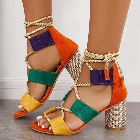 Cutout Ankle Tie Sandals Anke Strap Chunky Heel Strappy Sandals