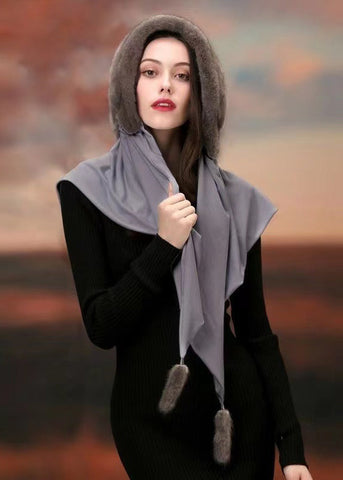 Damen Winter Beige Nerz Haar Schal Integrierte Mütze Neu