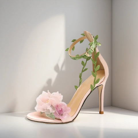 New Pink Countryside Chiffon Flower Fantasy High Heels Straight Vine Strap Sandals