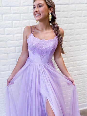 A-Linie Lila rückenfreies langes Tüll-Ballkleid