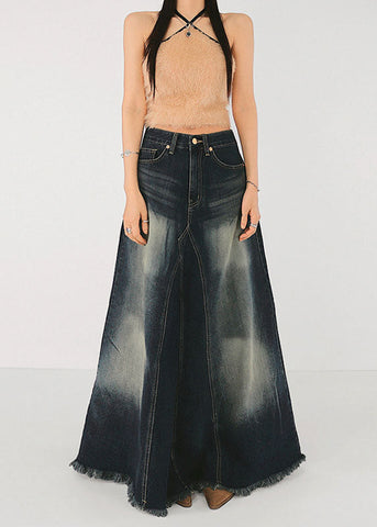 Boutique Blue Pockets Patchwork High Waist Denim Maxi Skirt Summer