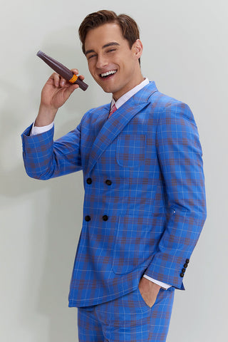 Blue Plaid Men's 3 Piece Tuxedo Suits