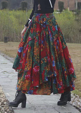 Print Patchwork Tie Waist Maxi Skirts Fall