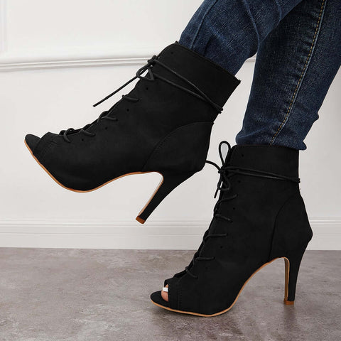 Peep Toe Stiletto High Heel Ankle Boots Lace Up Booties