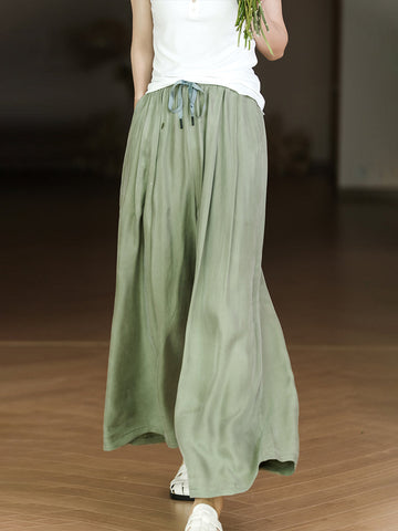 Women Solid Pleat Drawstring Pocket Loose Straight-leg Pants