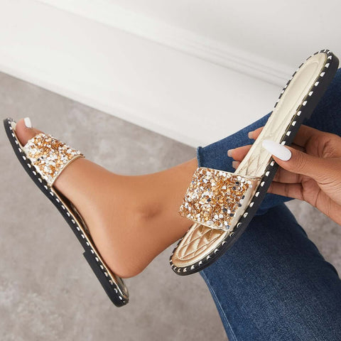 Rhinestone Slip on Flat Sandals Sparkly Slippers