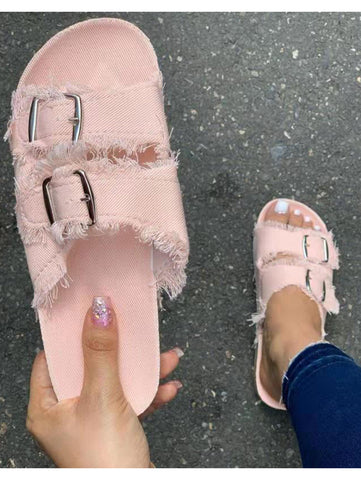 Fashion Plain Open Toe Denim Dual Strap Flats Slide Sandals