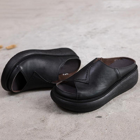 Women 2022 Sewing Platform Casual Leather Slippers