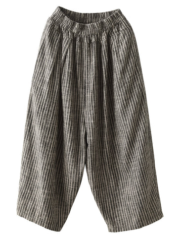Plus Size Women Summer Vintage Stripe Pocket Loose Linen Harem Pants