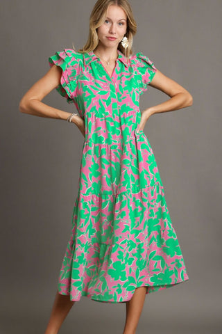 Full Size Floral Ruffle Cap Sleeve Midi Resort Dress