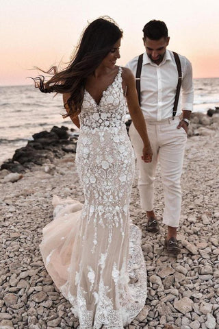 Bmbridal V-Neck Sleeveless Mermaid Wedding Dress With Appliques Bridal Gown