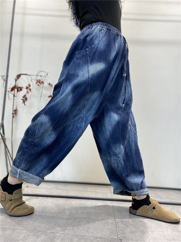Women Summer Vintage Tie-dye Spliced Denim Harem Pants