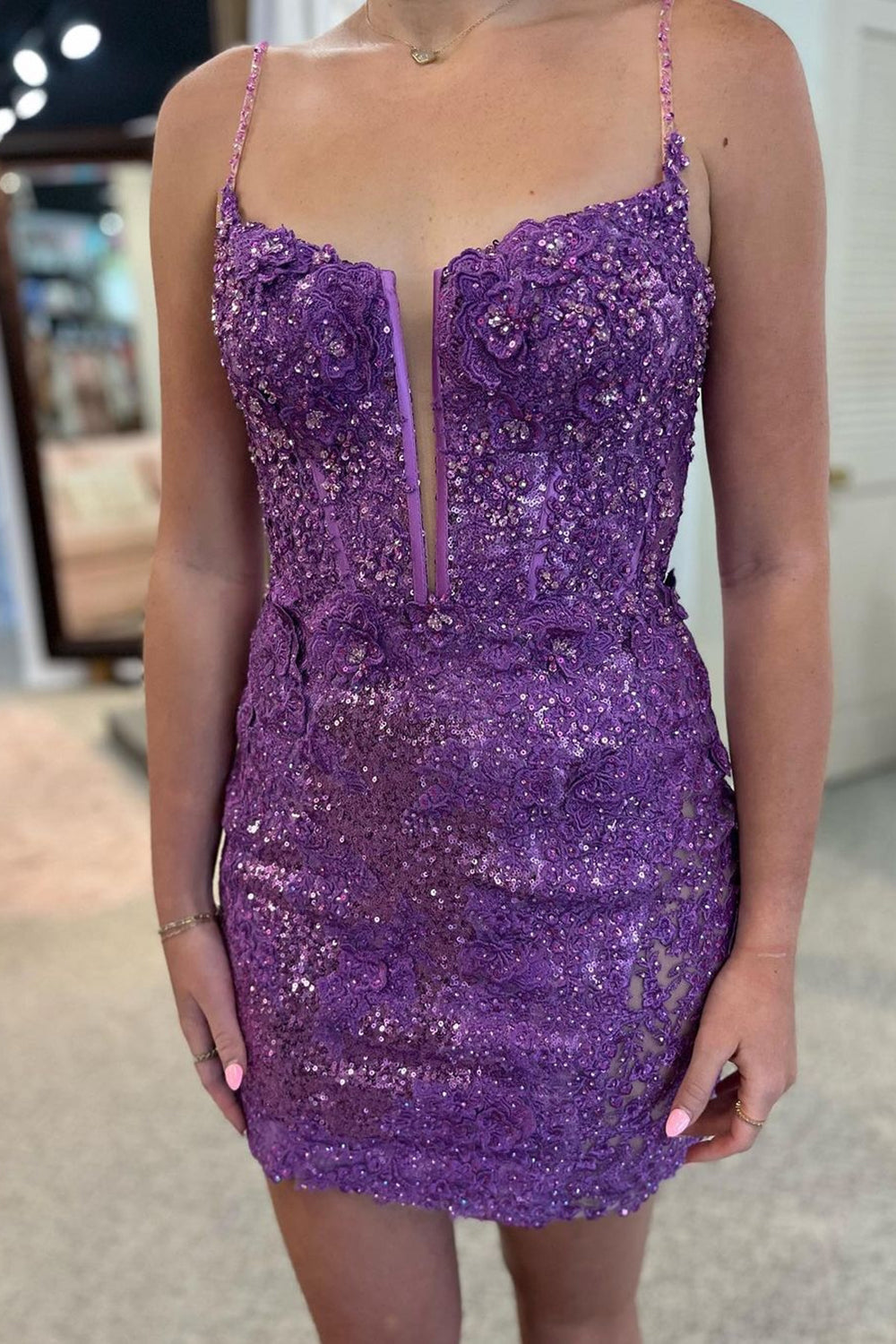 Trendy Bodycon Spaghetti Straps Purple Sequins Short Homecoming Dress with Criss Cross Back