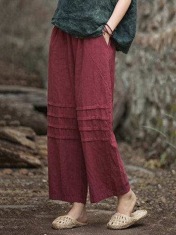 Women Vintage Solid Summer Straight Ramie Pants