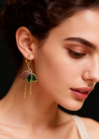Elegant Green Leaves Grapes Tassels Drop Earrings