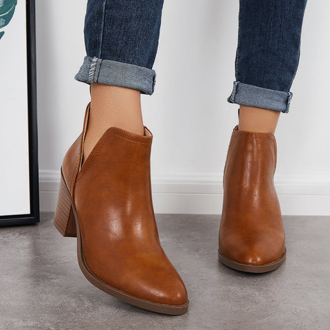 Cutout Western Ankle Cowboy Boots Chunky Stacked Heel Booties