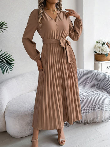 Plissiertes, gebundenes Midikleid mit V-Ausschnitt und langen Ärmeln
