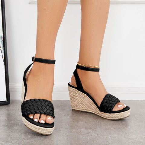 Open Toe Espadrille Wedges Braided Vamp Ankle Strap Sandals