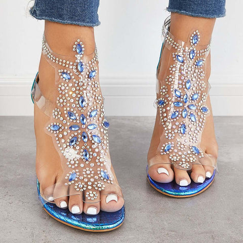 Rhinestone Block Chunky High Dress Heels T-Strap Sandals
