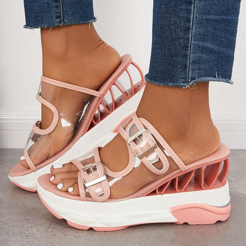 Clear Slip On Wedge Sandals Double Buckle Slide Slippers