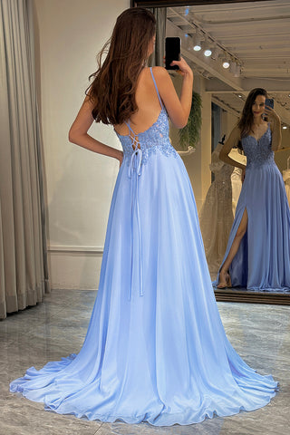 Chraming A Line Spaghetti Straps Blue Long Prom Dress with Split Front
