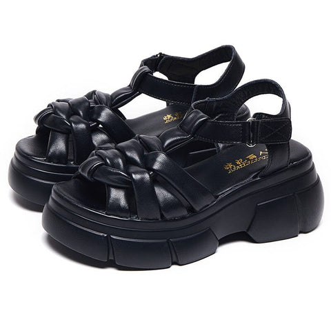 Women Retro Plaited Leather Thick Soled Sandals