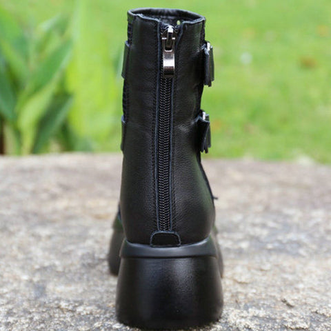 Women Summer Peep Toe Leather Mesh Casual Adjustable Buckle Boots