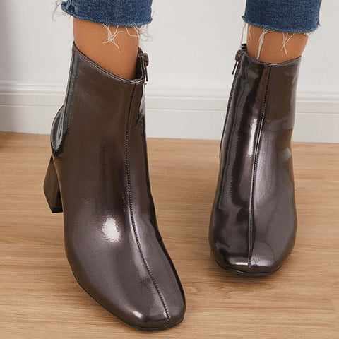 Patent Leather Block Heel Ankle Booties Square Toe Side Zipper Boots