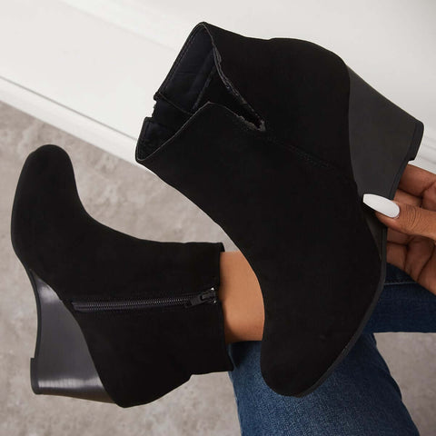 Cutout Ankle Wedge Booties V-cut Stacked Heel Boots