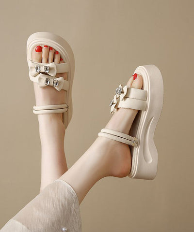 Boho Bow Zircon Splicing Platform Black Faux Leather Slide Sandals