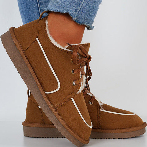 Flache Schneestiefel mit Schnürung, warme Loafer-Schuhe mit Kunstfellfutter