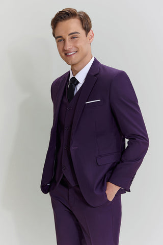 Purple Notched Lapel 3 Piece One Button Men's Suits