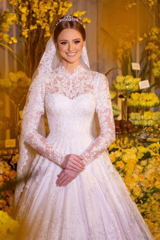 Fabulous A-Line Floor-Length High Neck Long Sleeves Lace Wedding Dresses