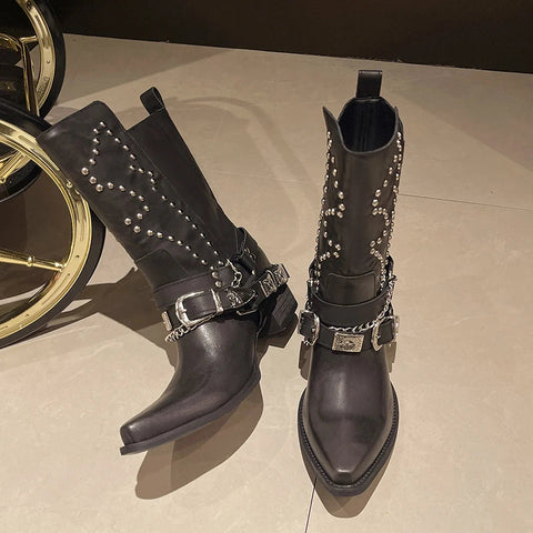 Mid Heels Chelsea Boots Women Chain Shoes Winter Chunky Mid Calf Boots 2024 Designer New Trend Mujer Pumps Short Boots Shoes
