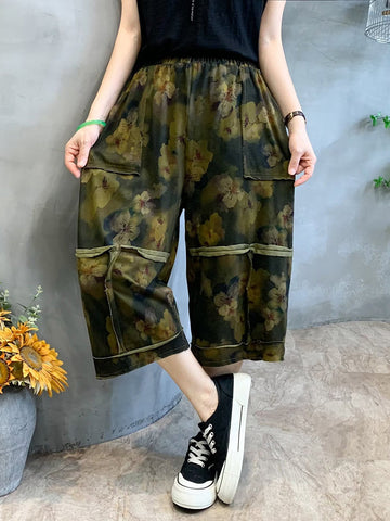 Women Summer Retro Flower Print Spliced Pocket Loose Pants