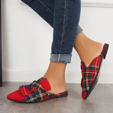 Pointed Toe Bowtie Flat Mule Loafers Walking Slippers